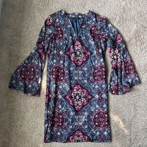 White House Black Market Floral Patterned Dress with Bell Sleeves